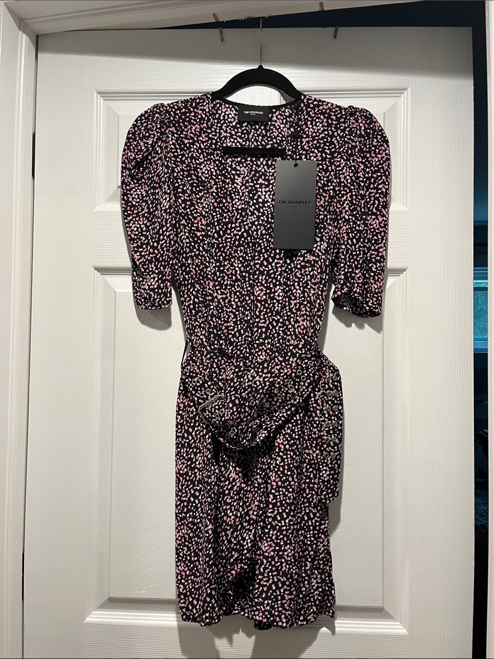 The Kooples Black Midi Dress with Pink Spot Print and Puff Sleeves (Tie Waist)